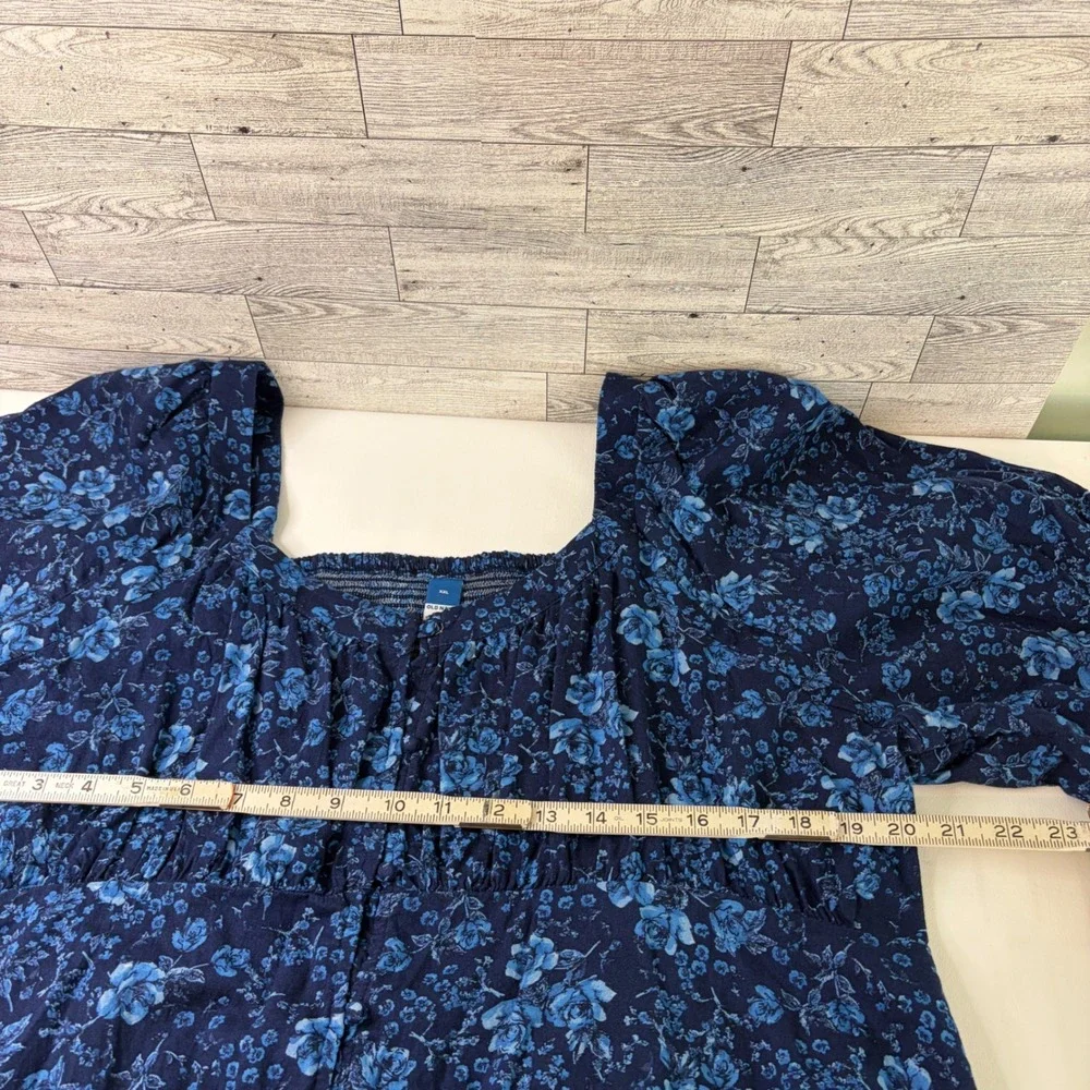 Old Navy Blouse Women XXL Blue Floral Square Neck Smocked Back Puff Sleeve
